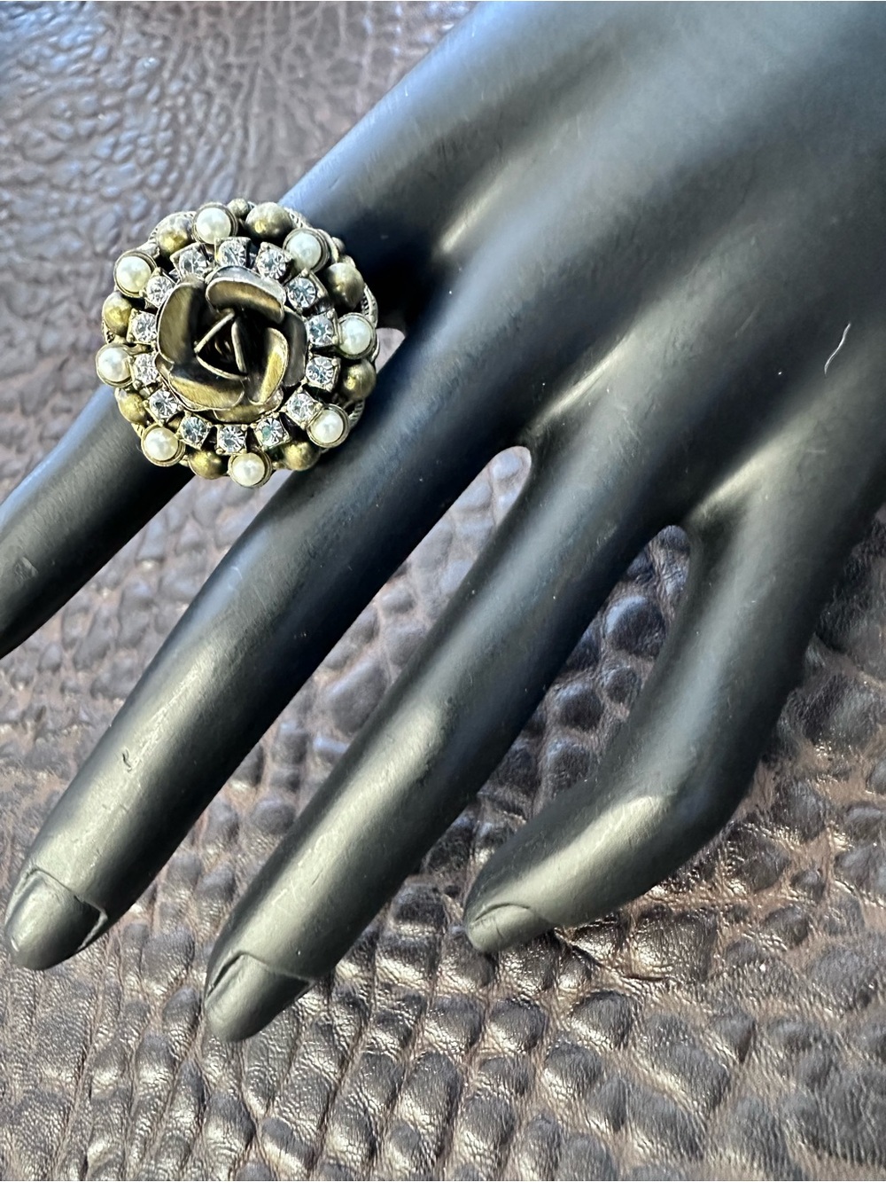Vintage Dark Metalic Gold Floral Cluster Ring with Pearls and Crystals